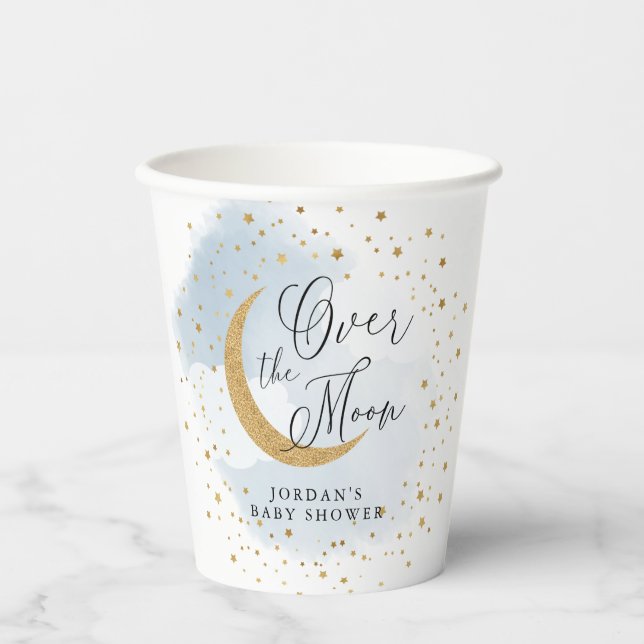 Over the Moon Gold & Blue Baby Shower Personalized Paper Cups (Front)