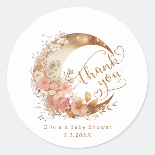 Over the moon gold boho baby shower thank you classic round sticker