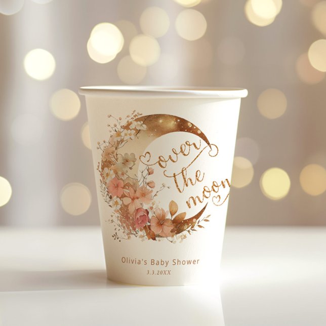 Over the moon gold floral moon baby shower paper cups (Creator Uploaded)