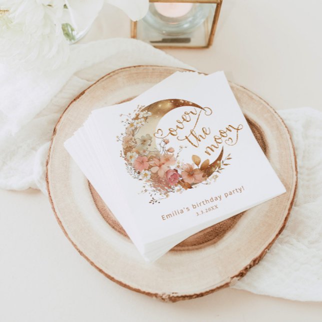 Over the moon gold floral moon girl birthday napkins (Creator Uploaded)