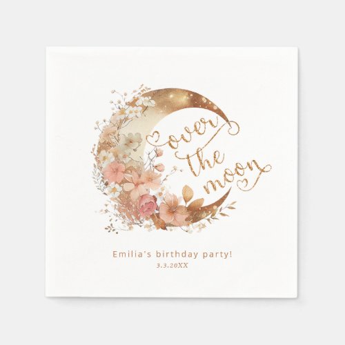 Over the moon gold floral moon girl birthday napkins