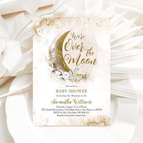 Over the Moon Gold Gender Neutral Baby Shower Invitation
