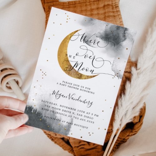 Over the Moon Gold Gender Neutral Baby Shower Invitation