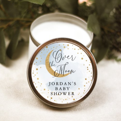 Over the Moon Gold Glitter Blue Baby Shower Favor Classic Round Sticker