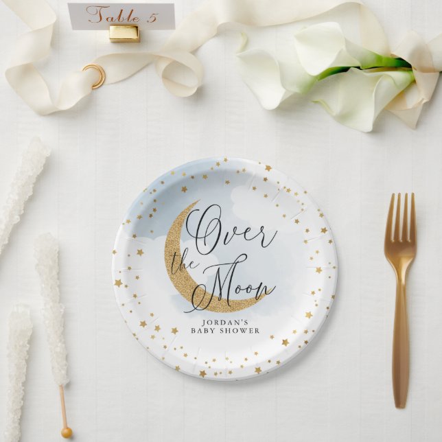 Over the Moon, Gold Glitter Blue Baby Shower Paper Plates (Wedding)