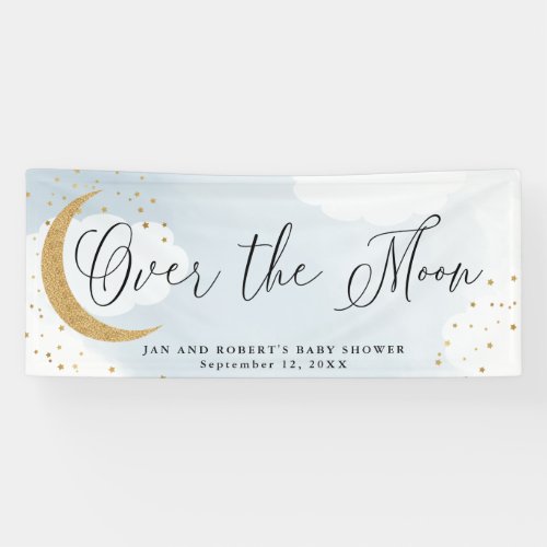 Over the Moon Gold Glitter Blue Baby Shower Party Banner