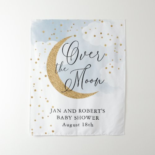 Over the Moon Gold Glitter Blue Baby Shower Tapestry