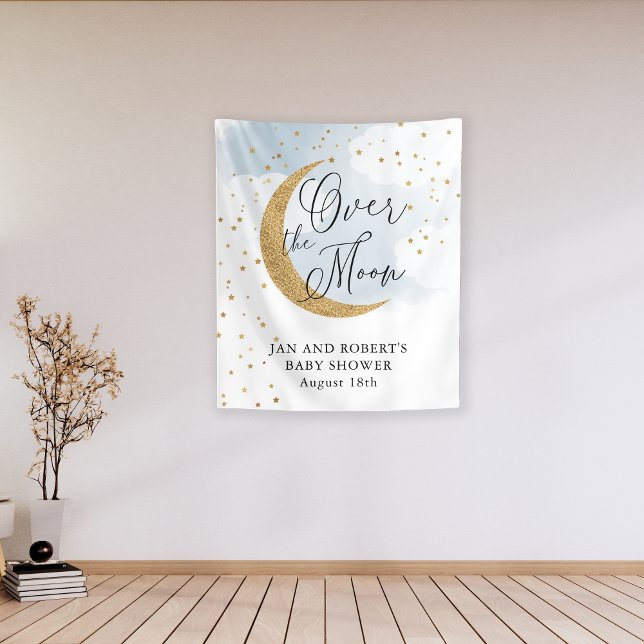Over the Moon, Gold Glitter Blue Baby Shower Tapestry (Creator Uploaded)