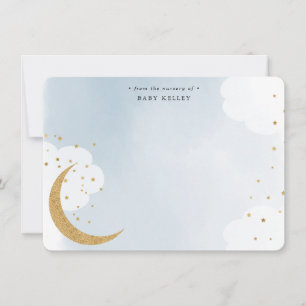 Over the Moon Gold Glitter, Blue Personalized Flat Note Card