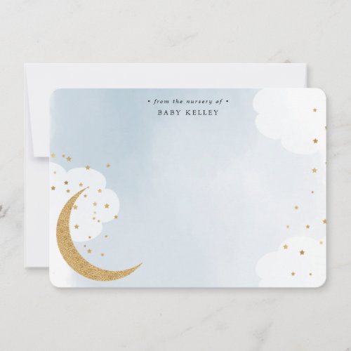 Over the Moon Gold Glitter Blue Personalized Flat Note Card