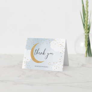 Over the Moon Gold Glitter, Blue Personalized Note Card
