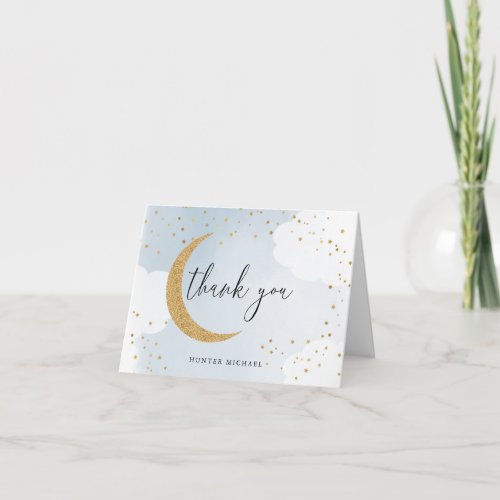 Over the Moon Gold Glitter Blue Personalized Note Card