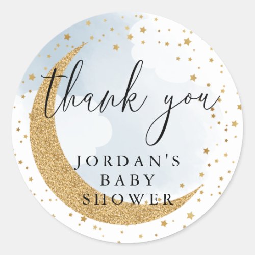 Over the Moon Gold Glitter Blue Thank You Favor Classic Round Sticker