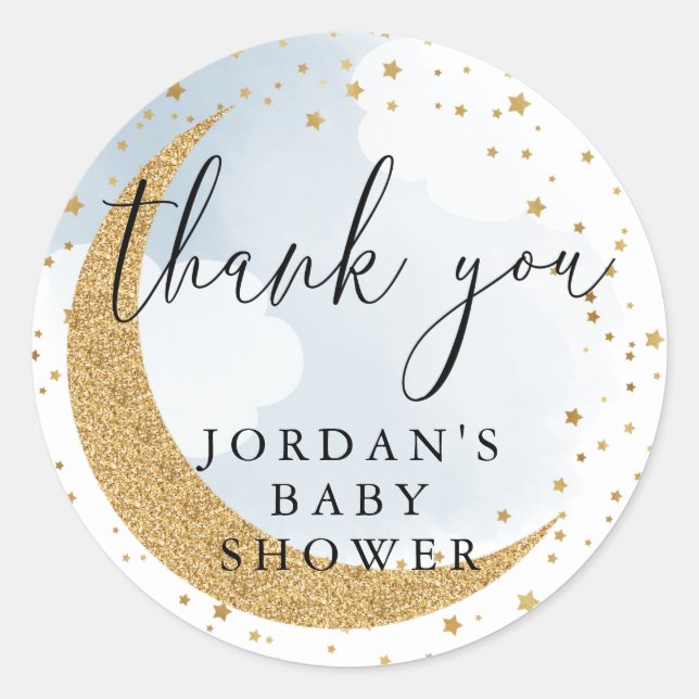 Over the Moon, Gold Glitter Blue Thank You Favor Classic Round Sticker (Front)