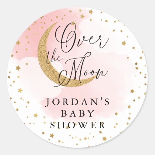 Over the Moon Gold Glitter Pink Baby Shower Favor Classic Round Sticker