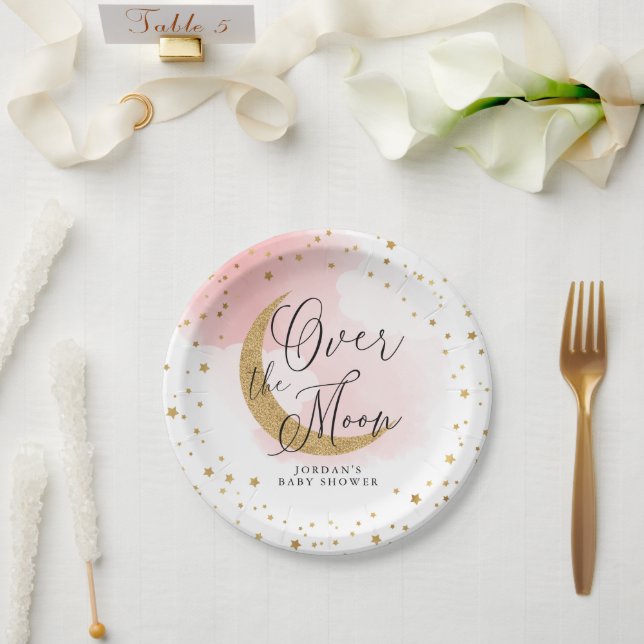 Over the Moon, Gold Glitter Pink Baby Shower Paper Plates (Wedding)