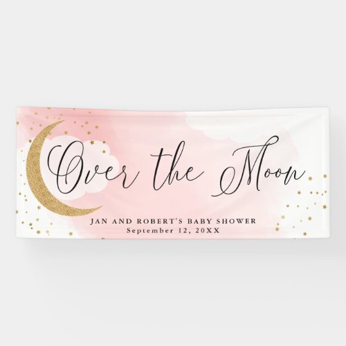 Over the Moon Gold Glitter Pink Baby Shower Party Banner