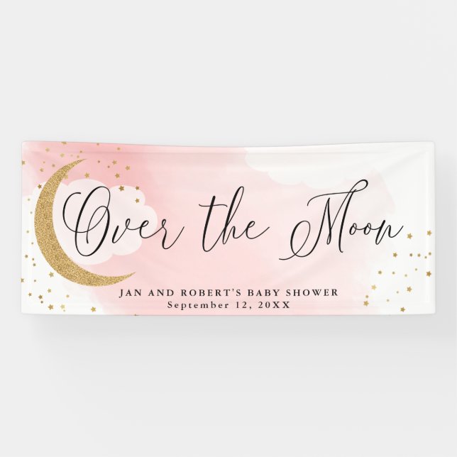 Over the Moon, Gold Glitter Pink Baby Shower Party Banner (Horizontal)