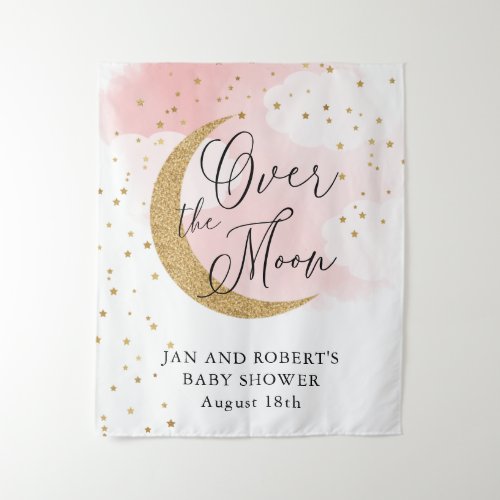Over the Moon Gold Glitter Pink Baby Shower Tapestry