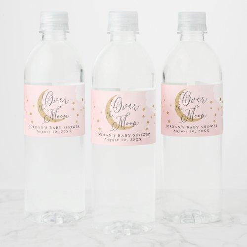 Over the Moon Gold Glitter Pink Baby Shower Water Bottle Label