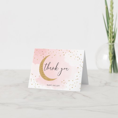 Over the Moon Gold Glitter Pink Personalized Note Card