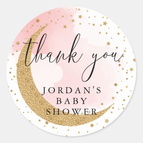 Over the Moon Gold Glitter Pink Thank You Favor Classic Round Sticker