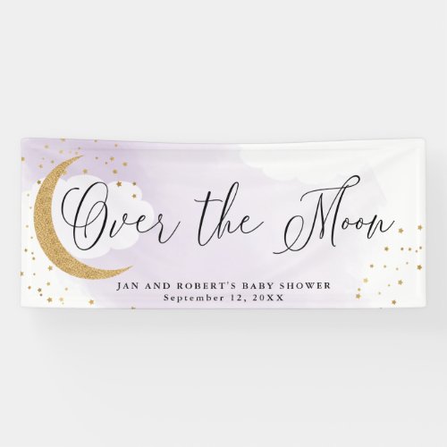Over the Moon Gold Glitter Purple Baby Shower Banner