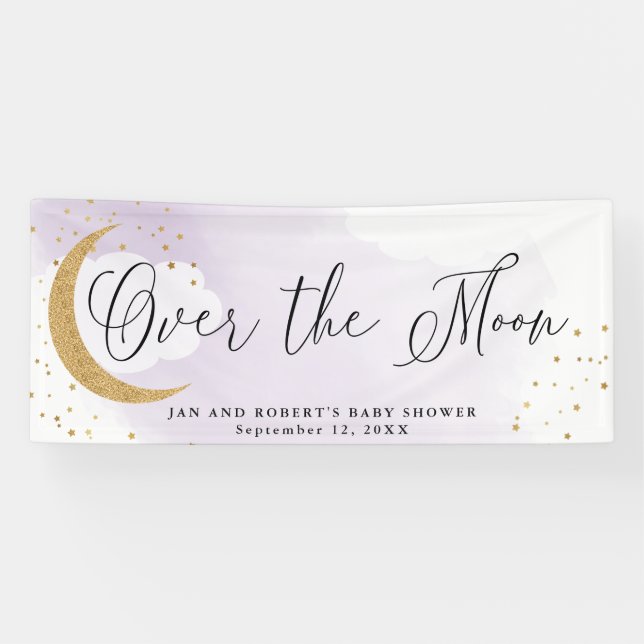 Over the Moon Gold Glitter, Purple Baby Shower Banner (Horizontal)