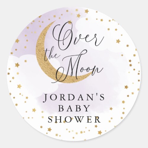 Over the Moon Gold Glitter Purple Baby Shower Classic Round Sticker