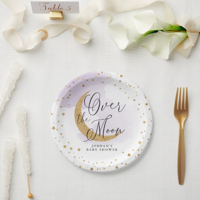Over the Moon, Gold Glitter Purple Baby Shower Paper Plates (Wedding)