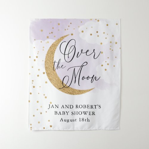 Over the Moon Gold Glitter Purple Baby Shower Tapestry