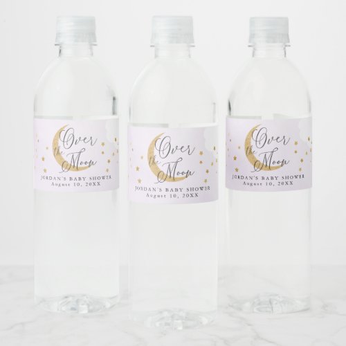 Over the Moon Gold Glitter Purple Baby Shower Water Bottle Label