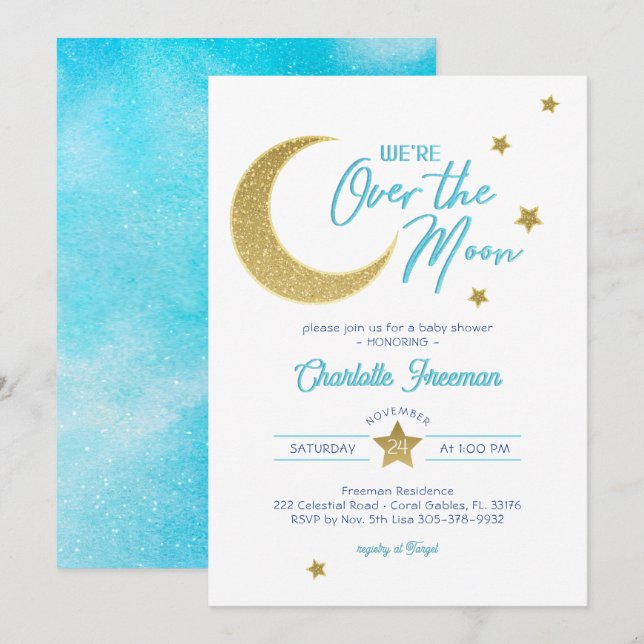 Over the Moon Gold Moon Stars Baby Shower Invite (Front/Back)