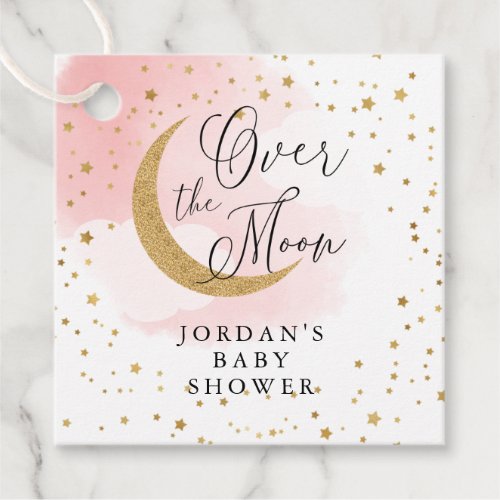 Over the Moon Gold  Pink Baby Shower Hanging Favor Tags