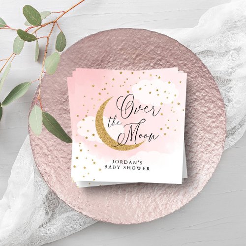 Over the Moon Gold  Pink Baby Shower Personalized Napkins