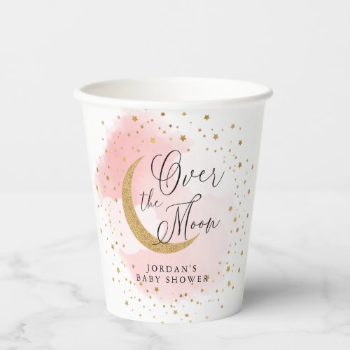 Over the Moon Gold  Pink Baby Shower Personalized Paper Cups