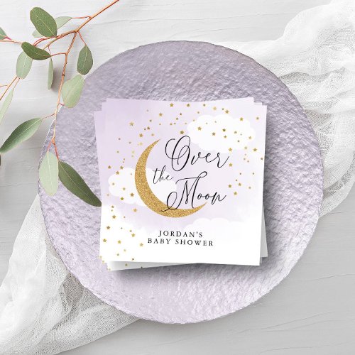 Over the Moon Gold Purple Baby Shower Personalized Napkins