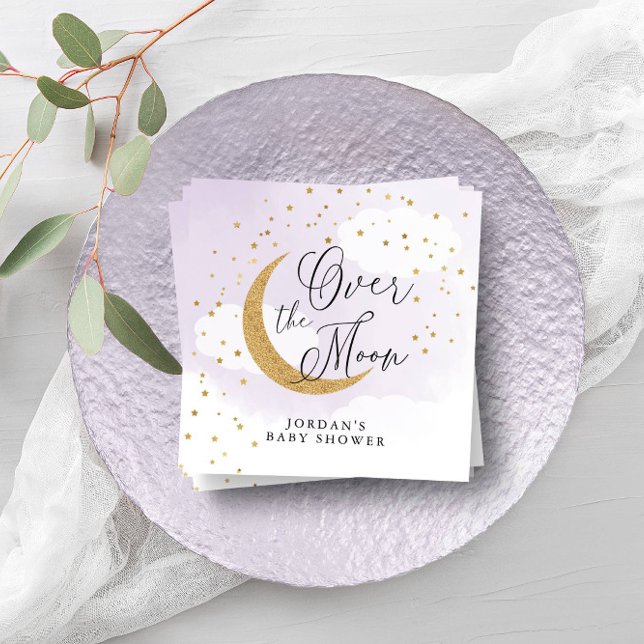 Over the Moon Gold Purple Baby Shower Personalized Napkins (Creator Uploaded)