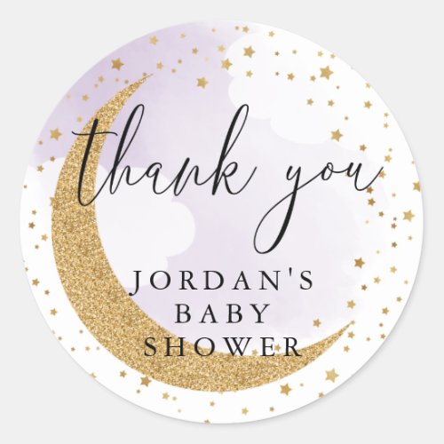 Over the Moon Gold Purple Glitter Thank You Favor Classic Round Sticker