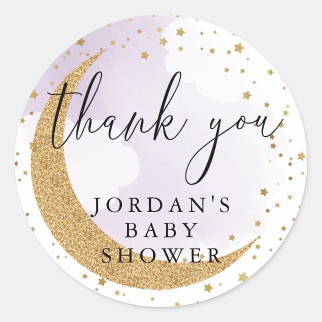 Over the Moon, Gold Purple Glitter Thank You Favor Classic Round Sticker (Front)
