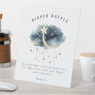 Over the Moon Gold Stars Baby Shower Diaper Raffle Pedestal Sign