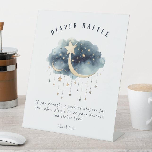 Over the Moon Gold Stars Baby Shower Diaper Raffle Pedestal Sign (In SItu)