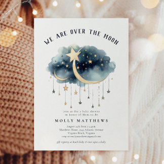 Over the Moon Gold Stars Baby Shower Invitation
