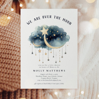 Over the Moon Gold Stars Baby Shower Invitation