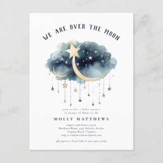 Over the Moon Gold Stars Baby Shower Invitation Postcard