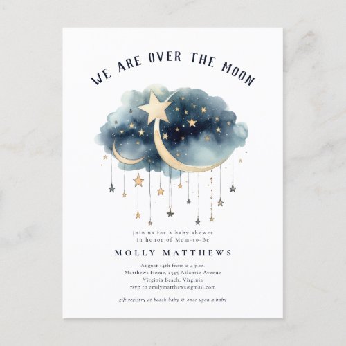 Over the Moon Gold Stars Baby Shower Invitation  Postcard