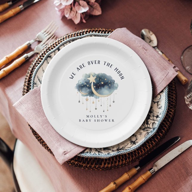 Over the Moon Gold Stars Baby Shower  Paper Plates (Over the Moon Baby Shower Paper Plate )