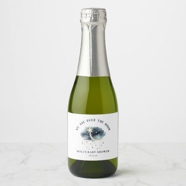 Over the Moon Gold Stars Baby Shower  Sparkling Wine Label (Front)