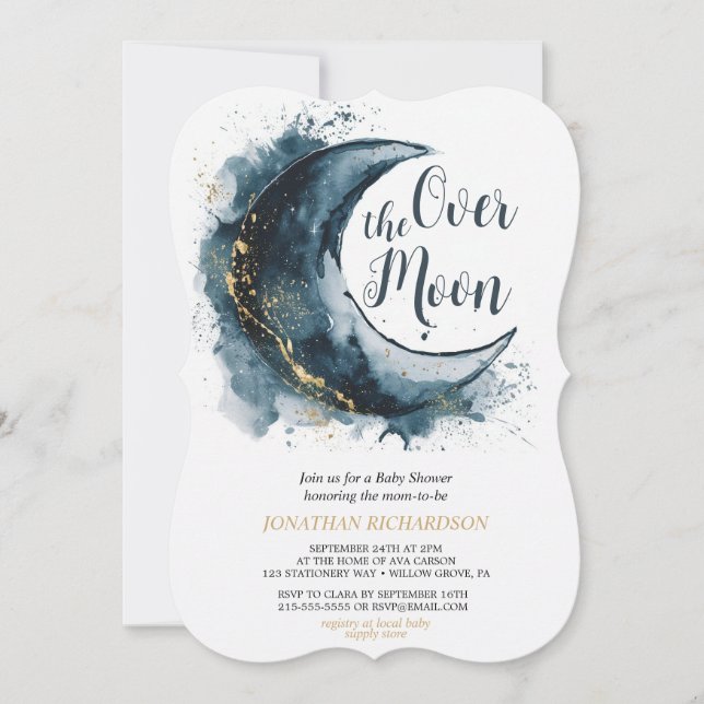 Over the Moon Gold Stars Blue Baby Shower (Front)