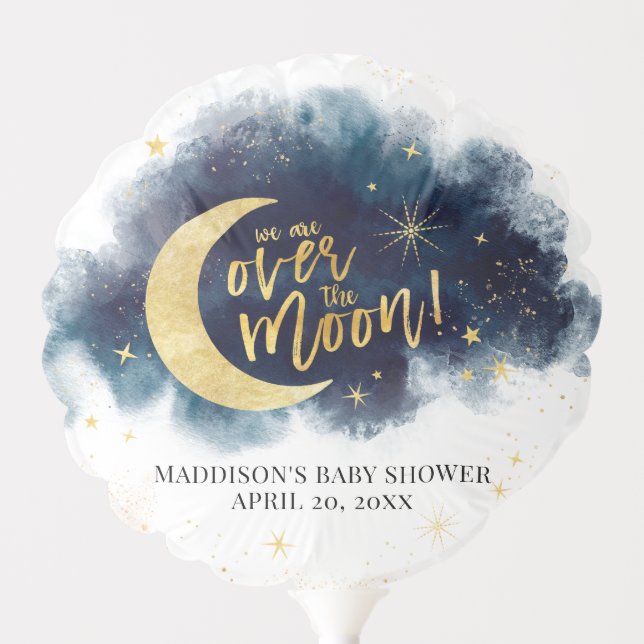 Over the Moon Gold Stars Blue Baby Shower Balloon (Front)